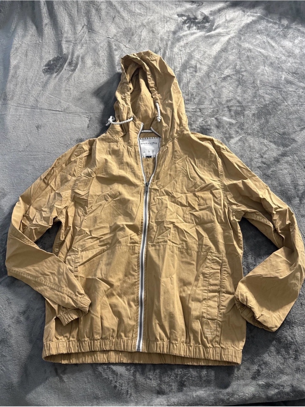 Denim & Flower Jacket Mens L Tan Hooded Full Zip Lightweight Windbreaker Cotton